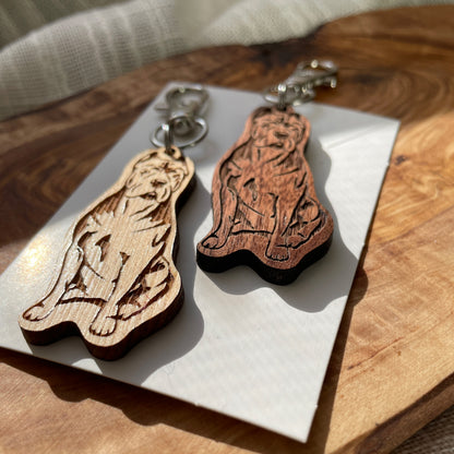 dog wooden keychain laying flat