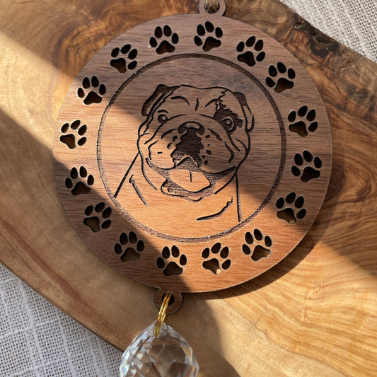 Custom hand-drawn pet portrait ornament and suncatcher