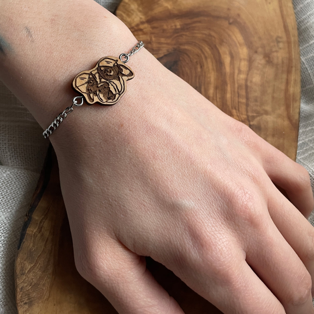 pet portrait bracelet on models wrist