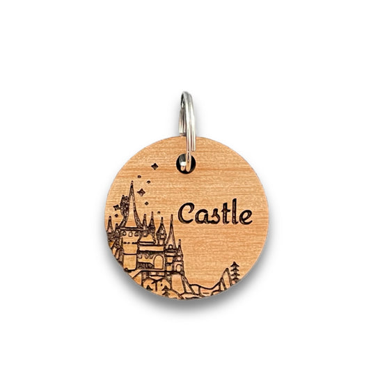 wooden pet ID Tag with castle
