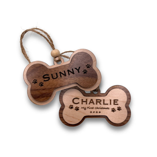 Hand crafted custom wooden personalized dog bone ornaments